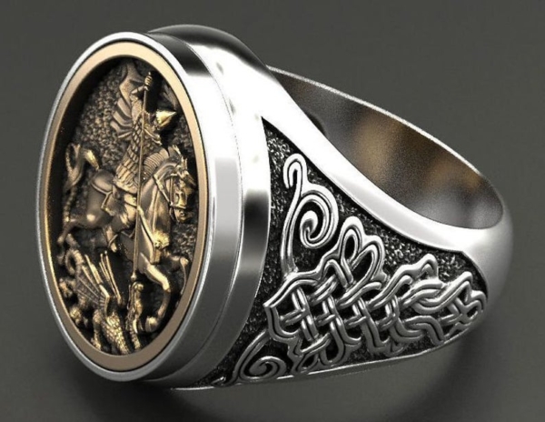 Men's ring with engraved St. George fighting dragon